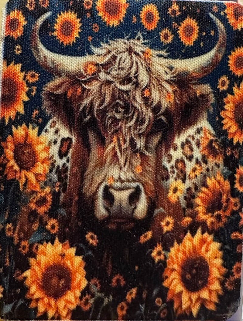 HIGHLAND COW WITH SUNFLOWERS
