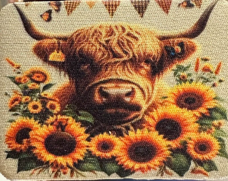HIGHLAND COW WITH SUNFLOWERS